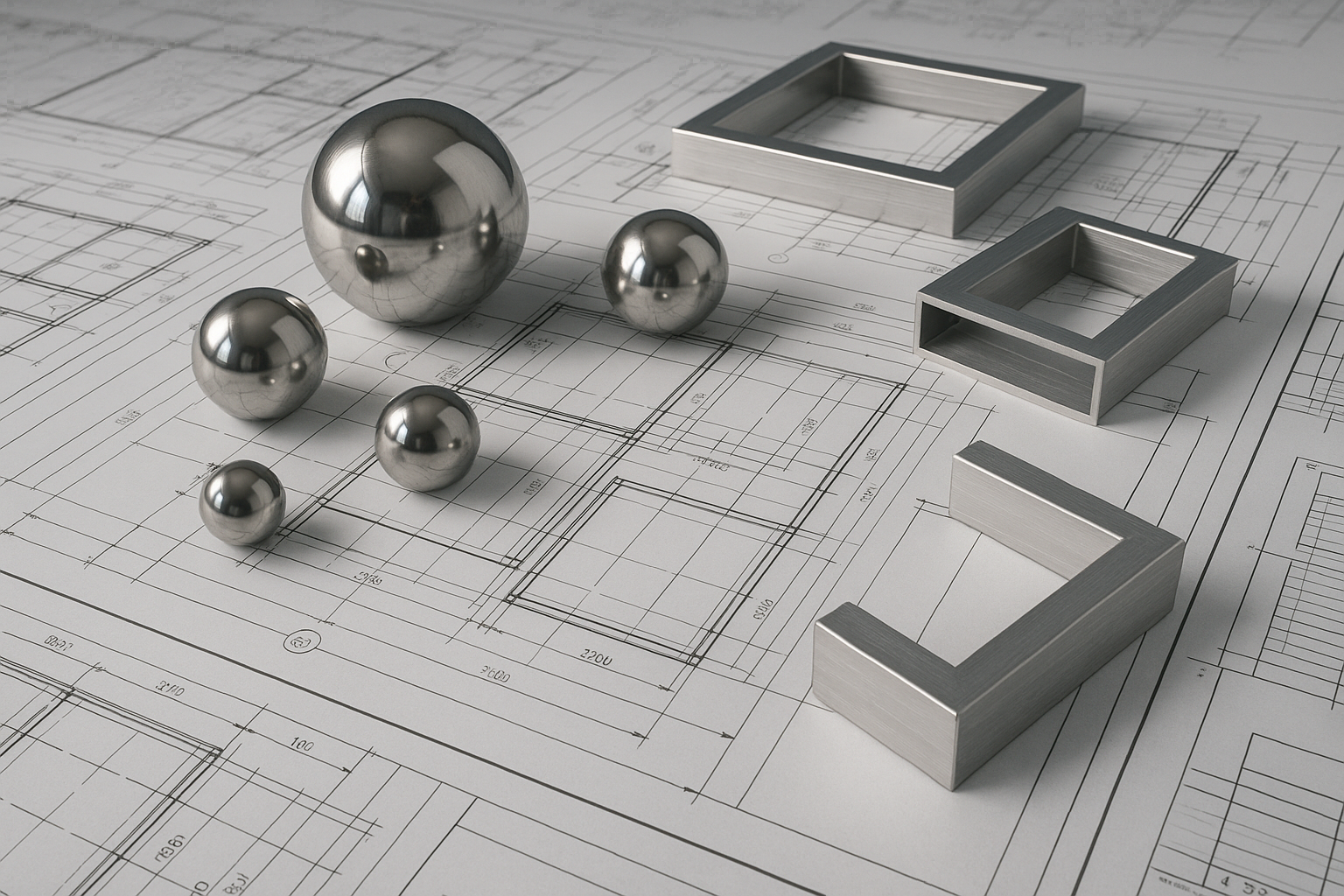 Ein Bild aus Kugeln, Aluminiumrahmen auf einem Architekturplan